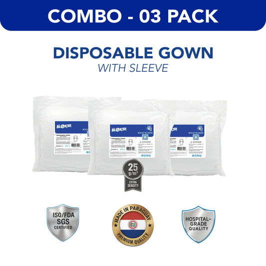 Combo pack of 3 disposable gowns with sleeves, hospital-grade, ISO/FDA certified, made in Paraguay
