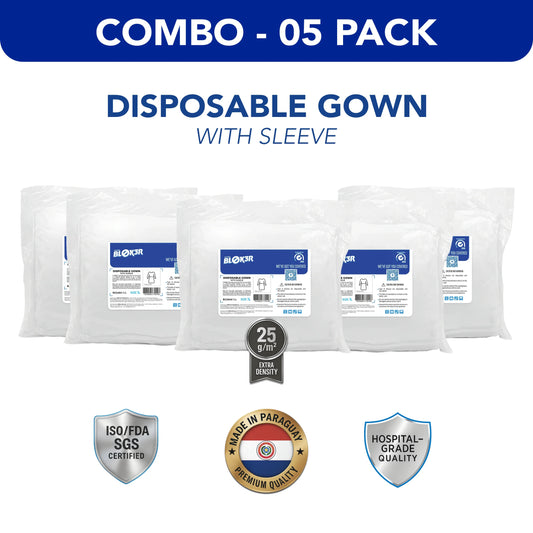 Combo pack of 5 hospital-grade disposable gowns with sleeves, ISO/FDA certified, 25gsm