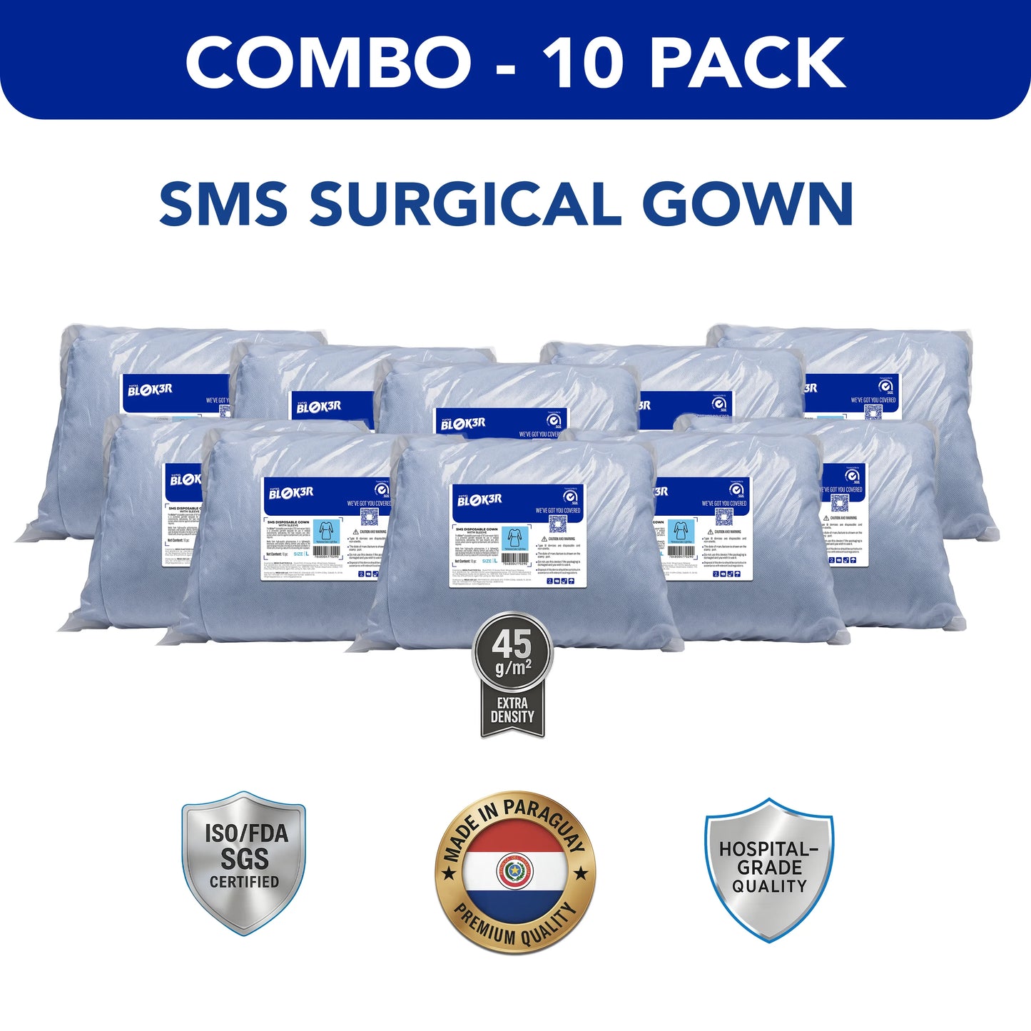 Combo 10 pack SMS surgical gowns, hospital-grade, ISO/FDA certified, extra density, MEGA USA