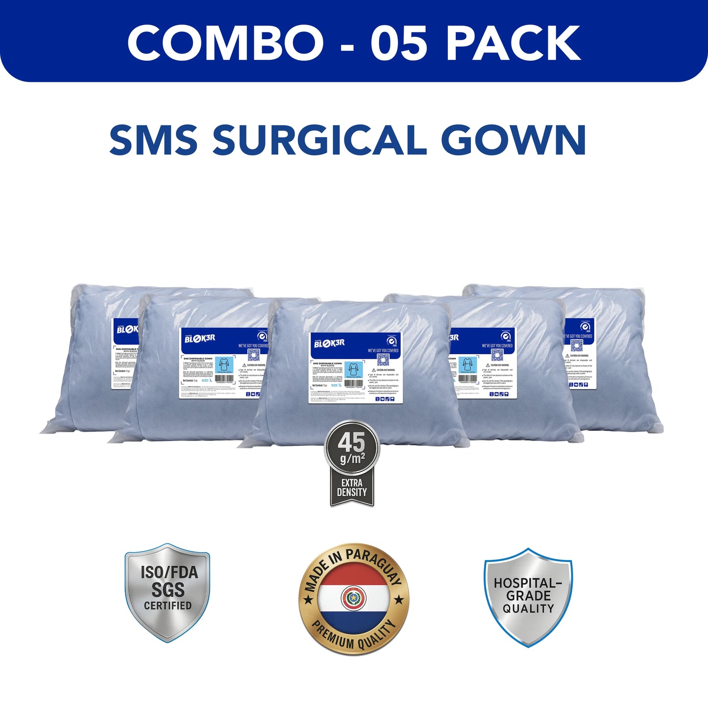 Combo 5 pack of SMS surgical gowns, hospital-grade, ISO/FDA certified, bulk wholesale supplier