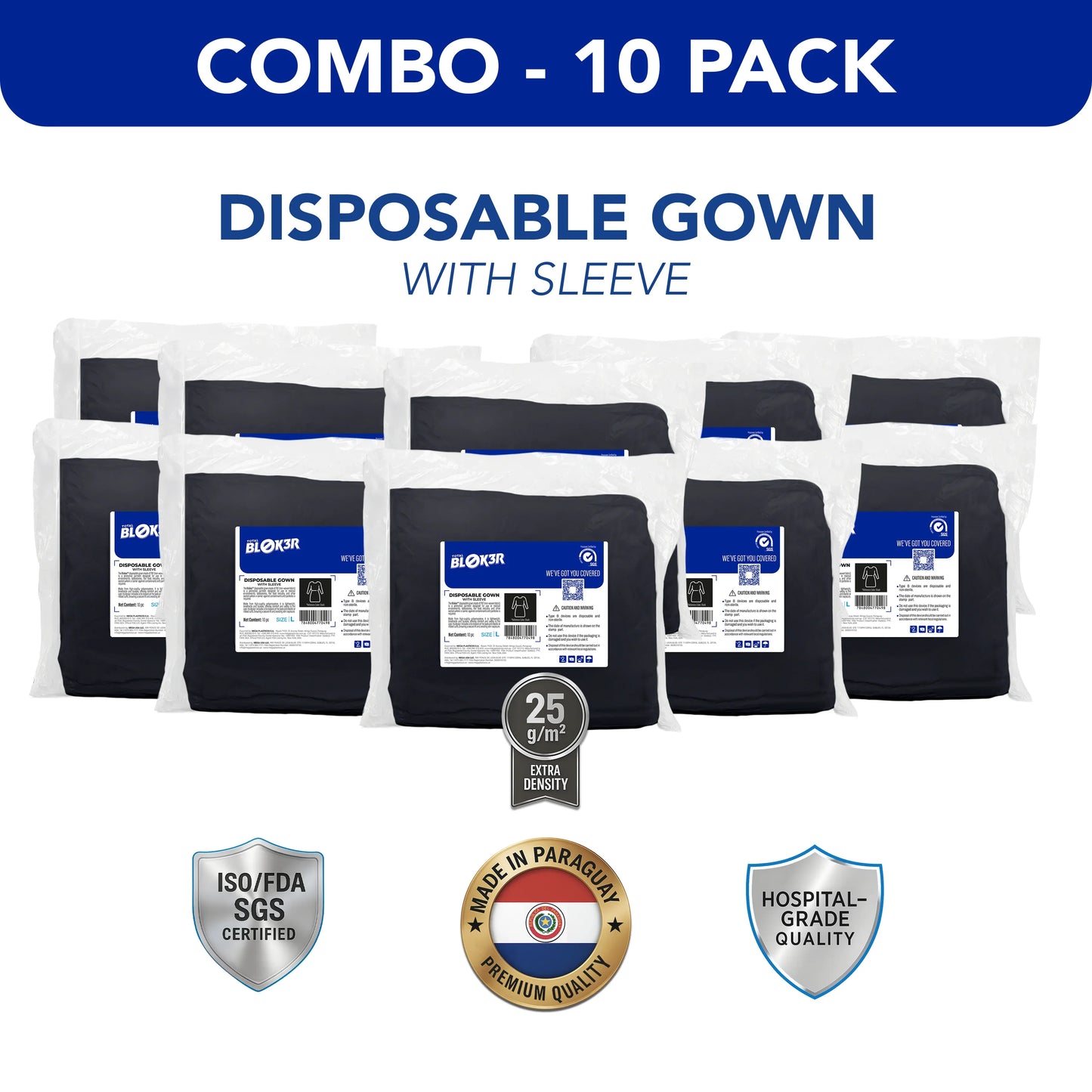 10-pack disposable black hospital gowns with sleeves, bulk packaging, ISO/FDA certified, premium quality.