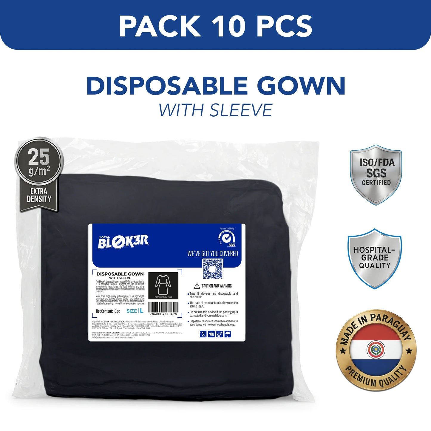 Pack of 10 disposable black gowns with sleeves, hospital-grade, ISO/FDA certified, 25g/m².