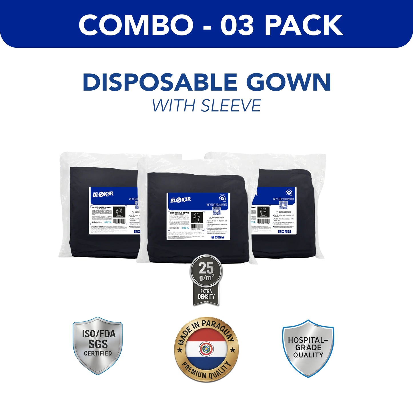 Combo 3 pack disposable black hospital gowns with sleeves, ISO certified, made in Paraguay