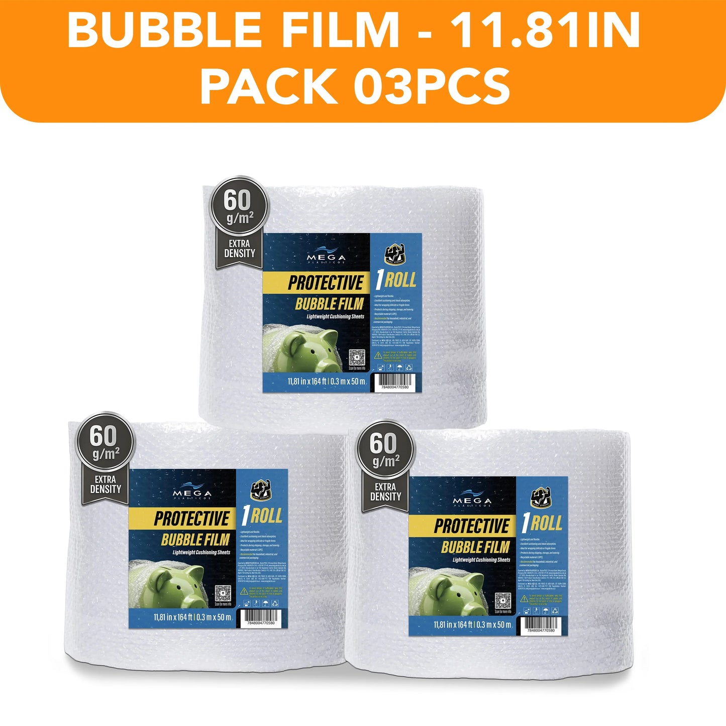 Three rolls of MEGA USA protective bubble film 11.81in, 60g/m2, 3-pack for packaging