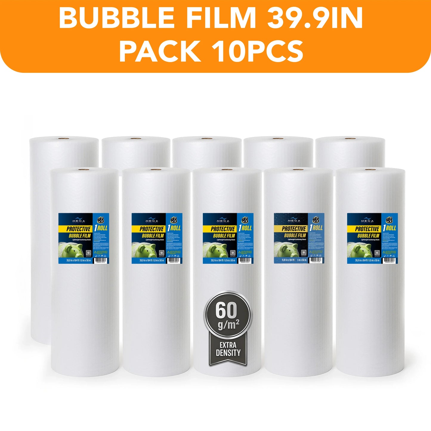Bulk pack of 10 protective bubble film rolls, 39.9in wide, extra density 60g/m², MEGA USA
