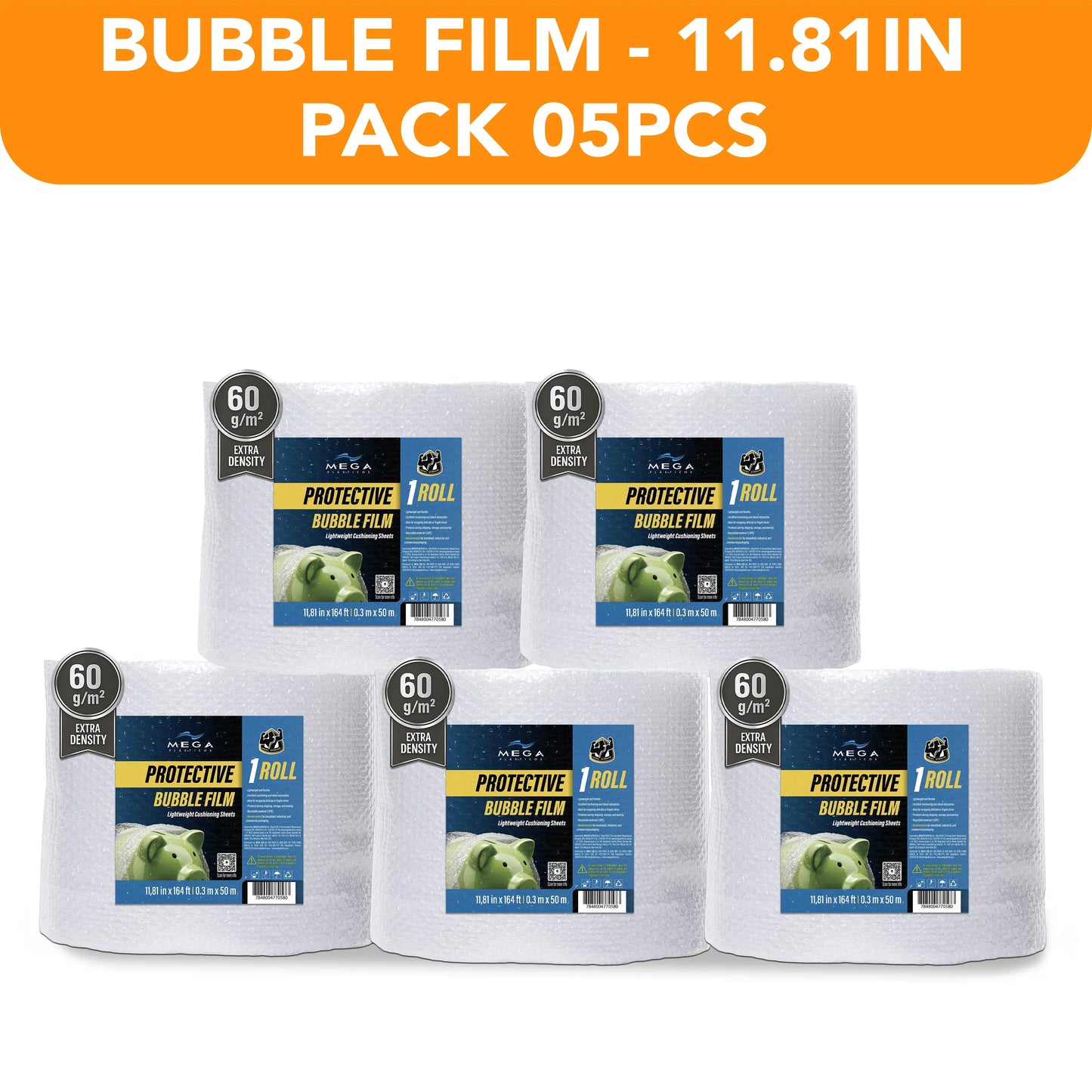 Pack of 5 MEGA USA protective bubble film rolls, 11.81in wide, extra density for packaging.