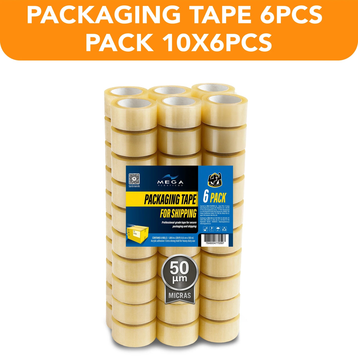Bulk clear packaging tape 6-pack sets for shipping, MEGA USA brand, wholesale supply