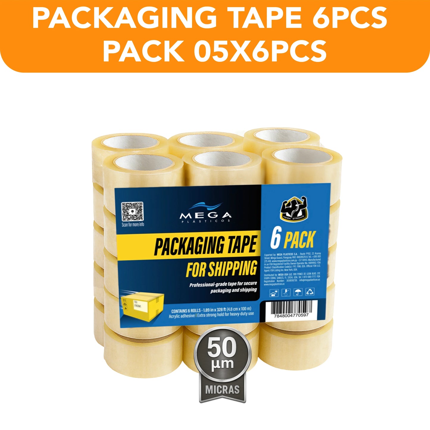 MEGA USA 6-pack clear packaging tape rolls for shipping, bulk wholesale, 50 micron.