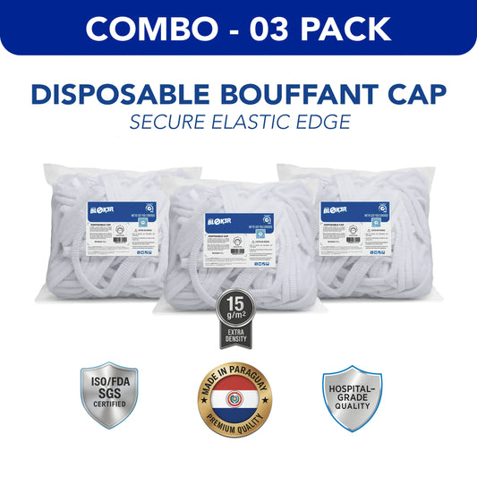 Combo pack of 3 disposable bouffant caps with secure elastic edge, hospital-grade, ISO certified