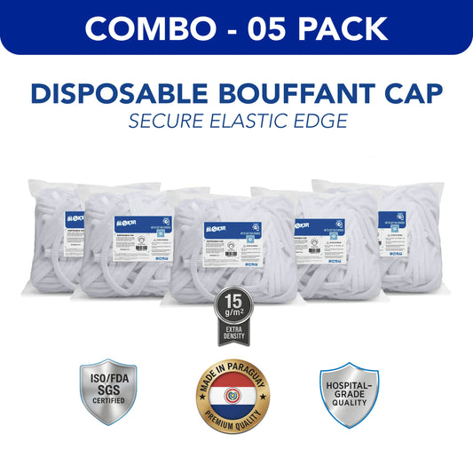 Combo pack of disposable bouffant caps with elastic edge, hospital-grade, ISO FDA certified