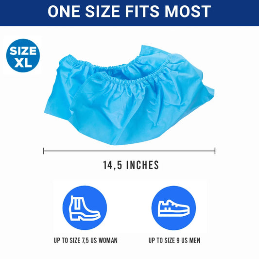 Blue XL disposable shoe cover, 14.5 inches, fits up to US women’s 7.5 and men’s 9 shoes.