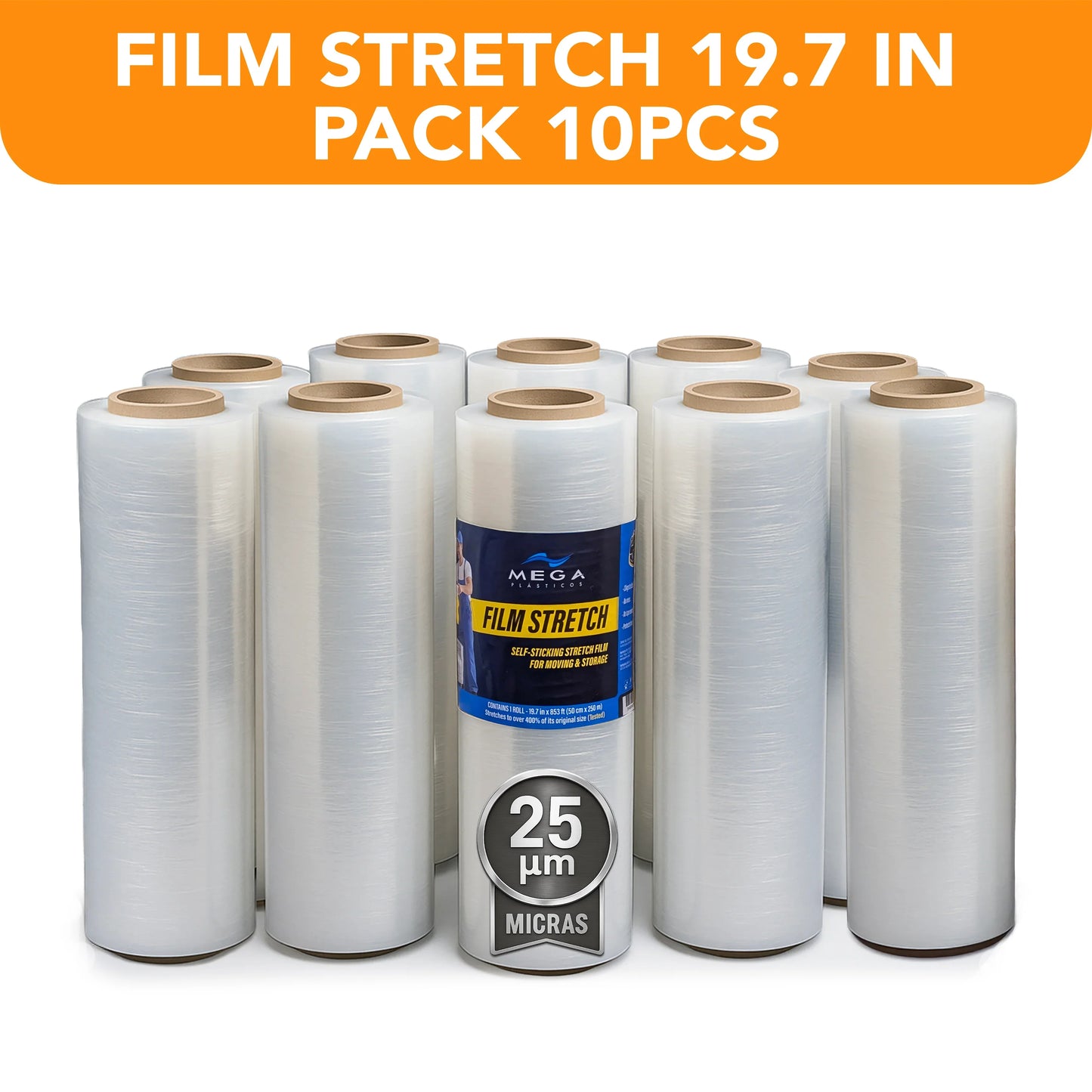 MEGA USA 10-pack 19.7 inch stretch film rolls, 25 micron, bulk packaging supply