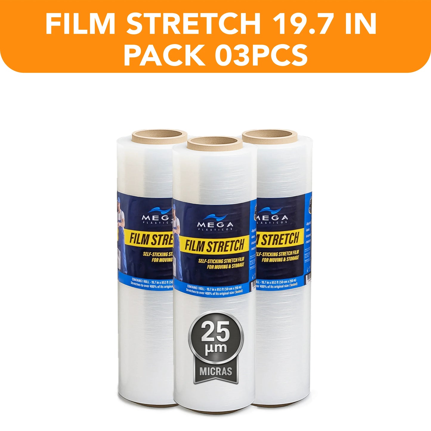 Pack of three MEGA USA 19.7 inch stretch film rolls, 25 micron, for packaging and storage