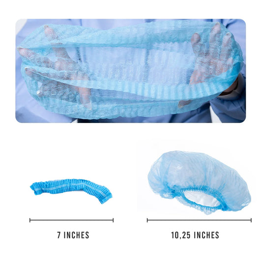 Blue disposable bouffant cap for hospitals, shown expanded and folded, with size measurements.