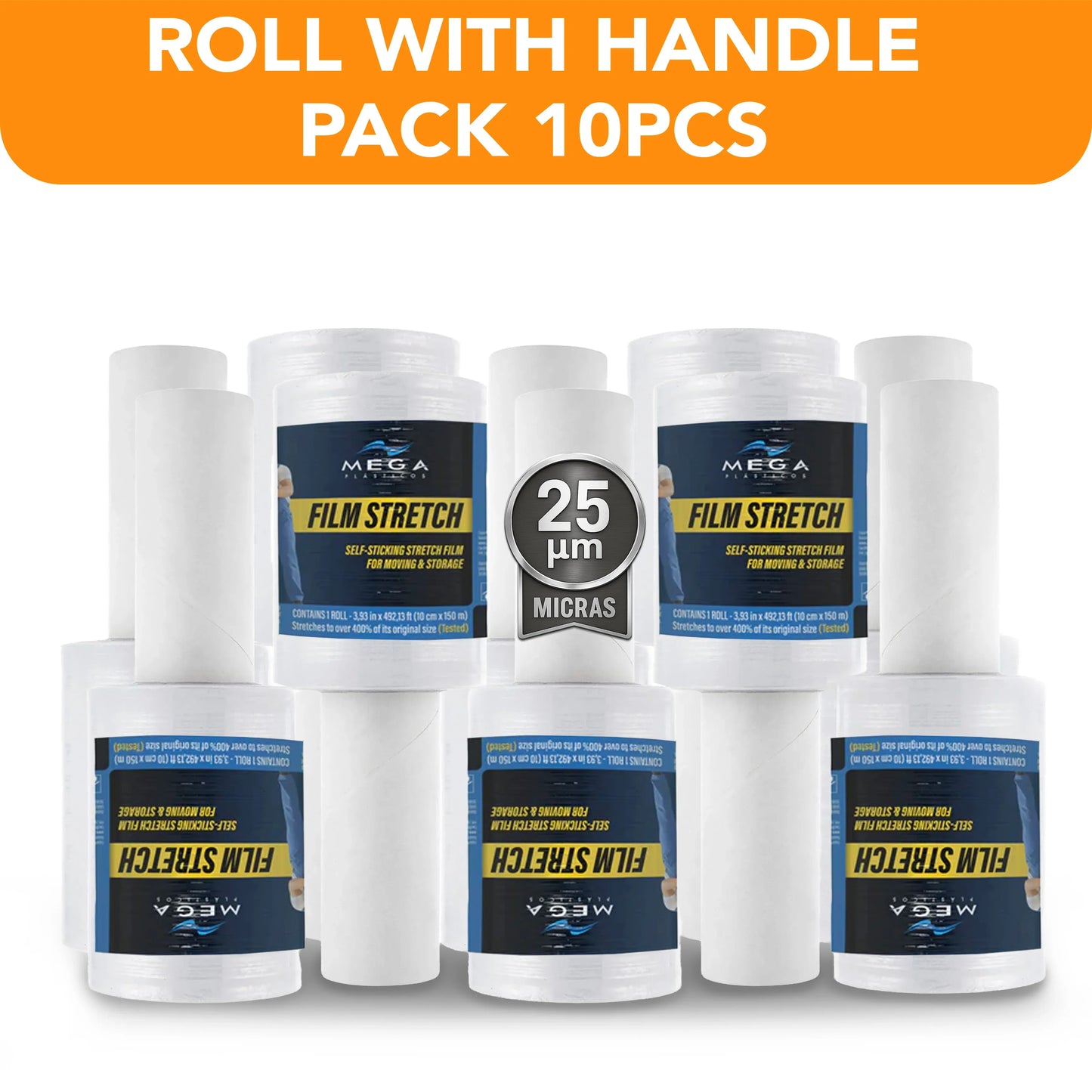 MEGA USA 10-pack stretch film rolls with handle, 25 micron, bulk packaging supplies