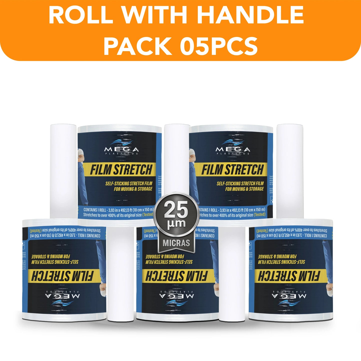 MEGA USA 5-pack stretch film rolls with handles, 25 micron, for moving and storage