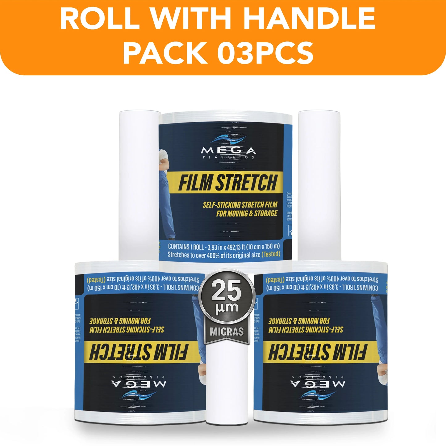 Pack of 3 Mega USA stretch film rolls with handles, 25 microns for moving and storage
