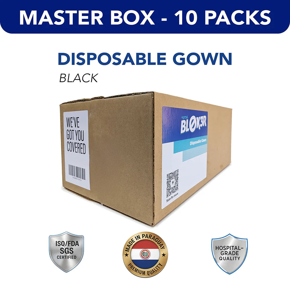 Master box of black disposable hospital gowns, 10 packs, ISO/FDA certified, premium quality