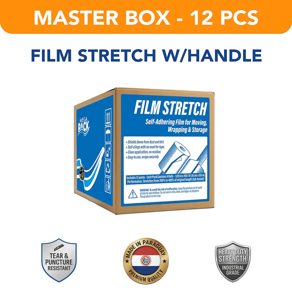MEGA USA master box of 12 stretch film rolls with handle for packaging, tear resistant, industrial grade