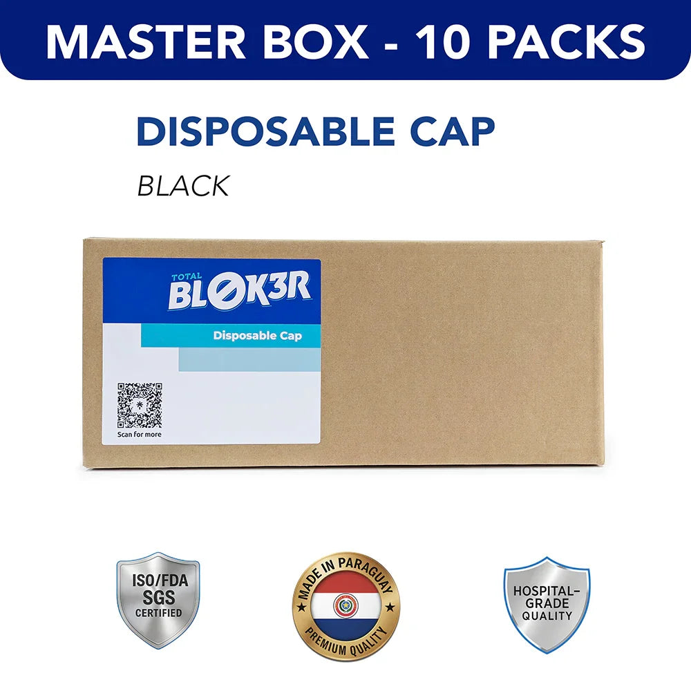 Master box of Total Blok3r black disposable caps, hospital-grade, wholesale, SGS certified.