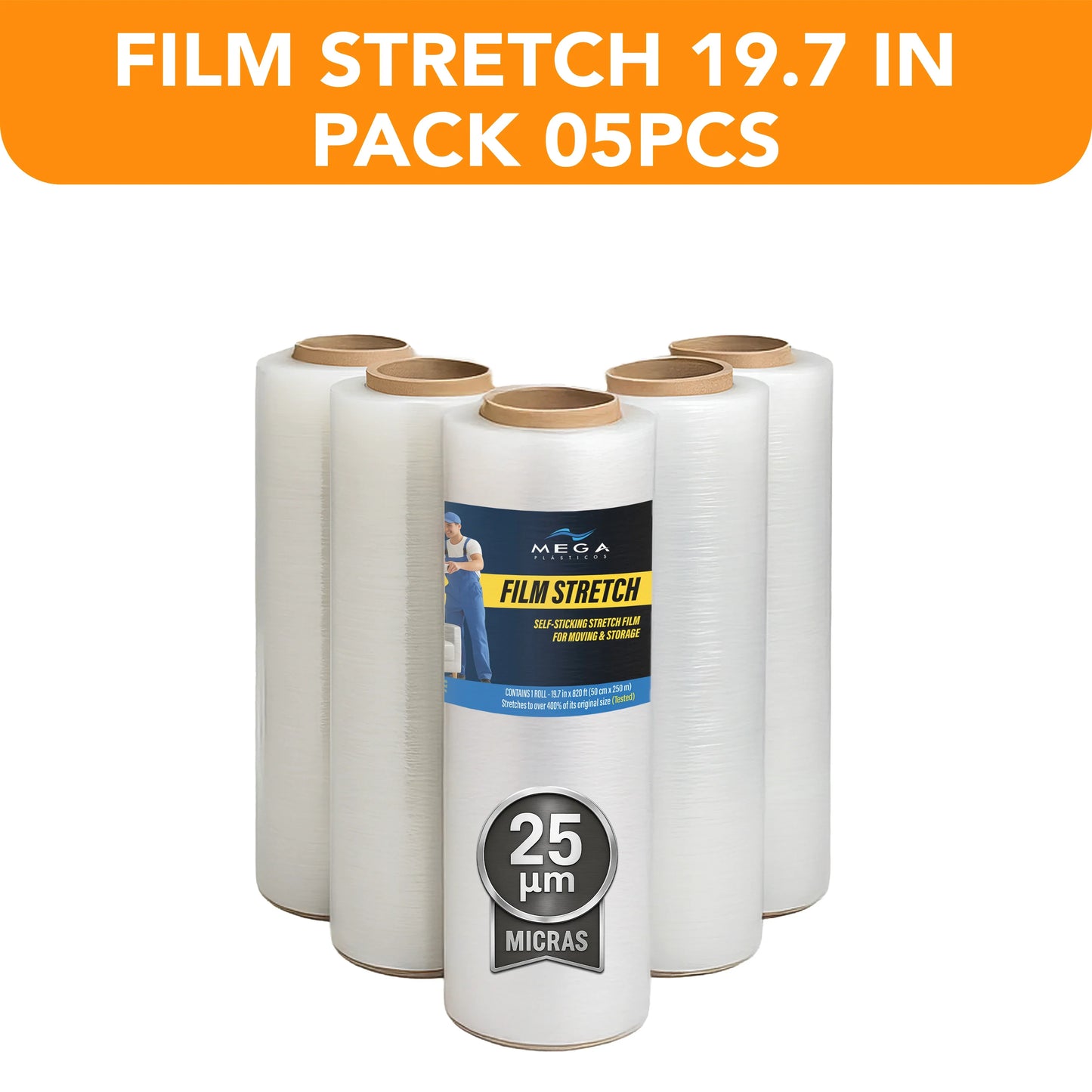 Pack of five MEGA USA stretch film rolls, 19.7 inch, 25 micron, for packaging and storage.