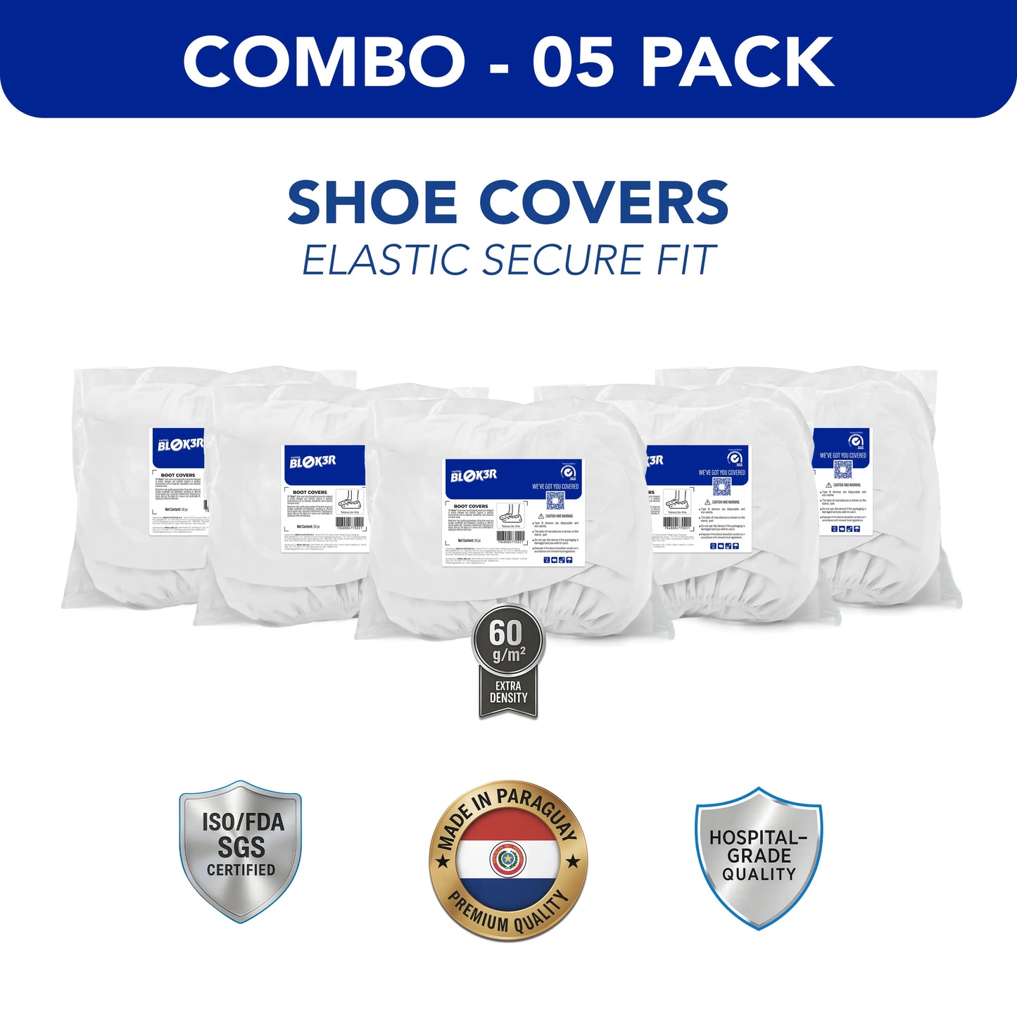 Combo 5 pack hospital shoe covers with elastic fit, ISO certified, Paraguay-made, 60g density.