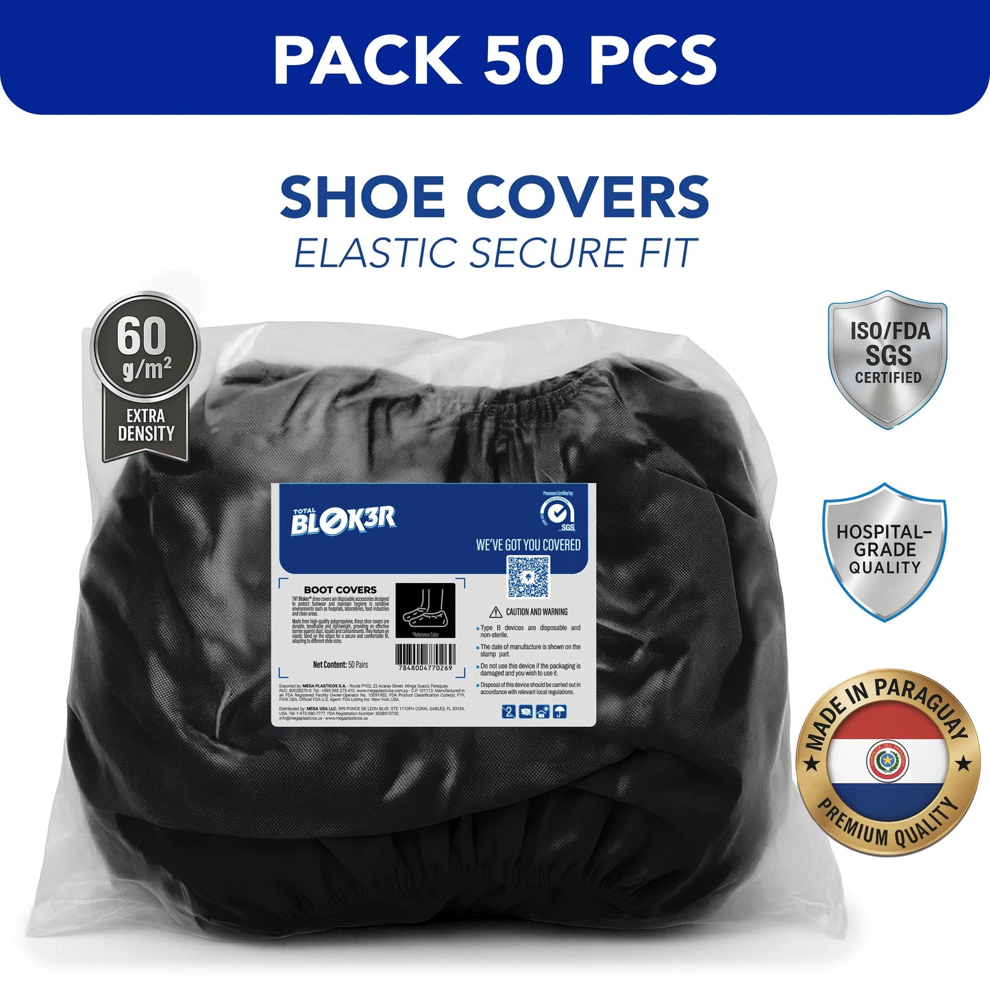 Pack of 50 black hospital-grade shoe covers with elastic, 60g/m², MEGA USA bulk supply.