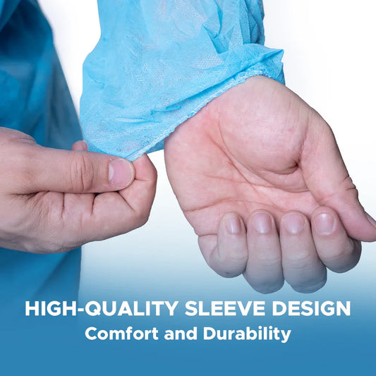 Disposable blue hospital gown sleeve with elastic cuff, shown for quality and durability by MEGA USA.