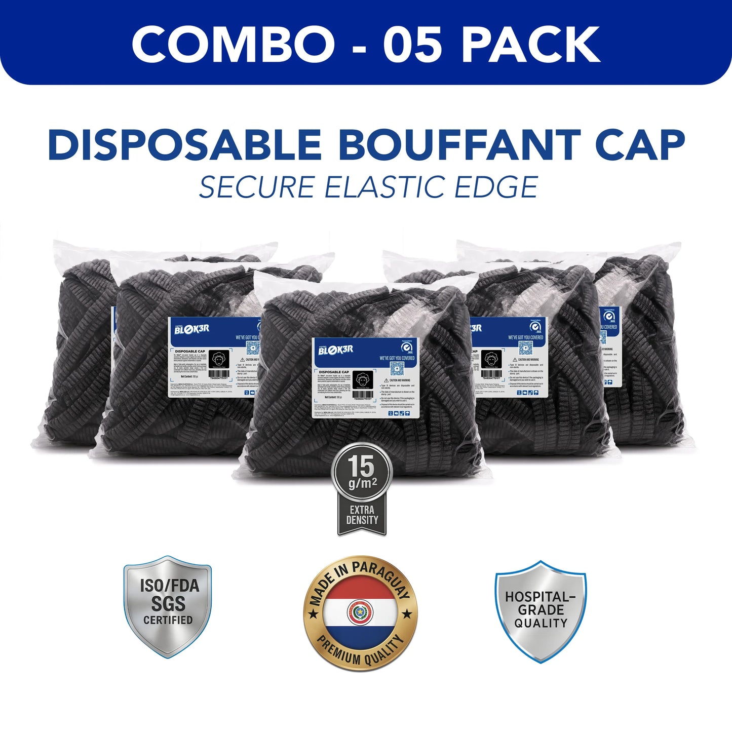 Combo 5 pack of black disposable bouffant caps in bags, hospital-grade, ISO certified.